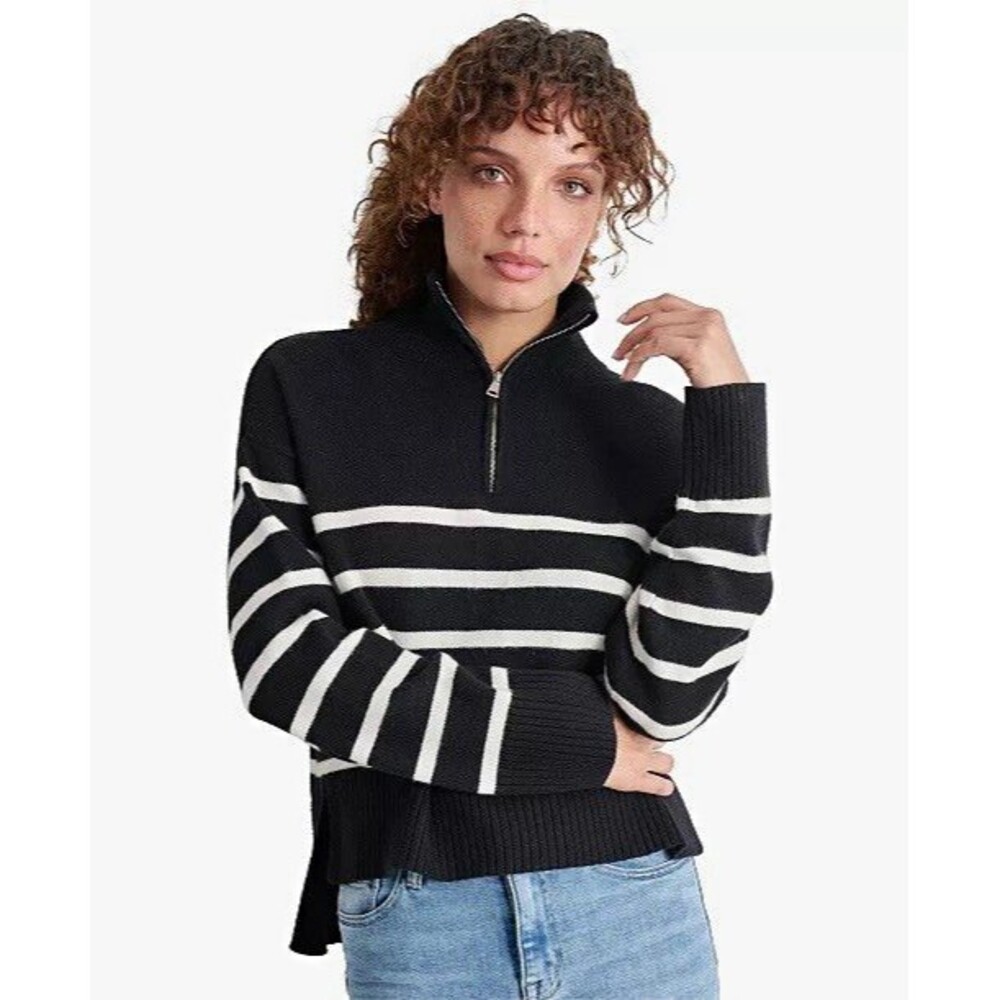 NWT DKNY Mock Neck 1/4 Zip Striped Sweater Black/White - Size Large $79